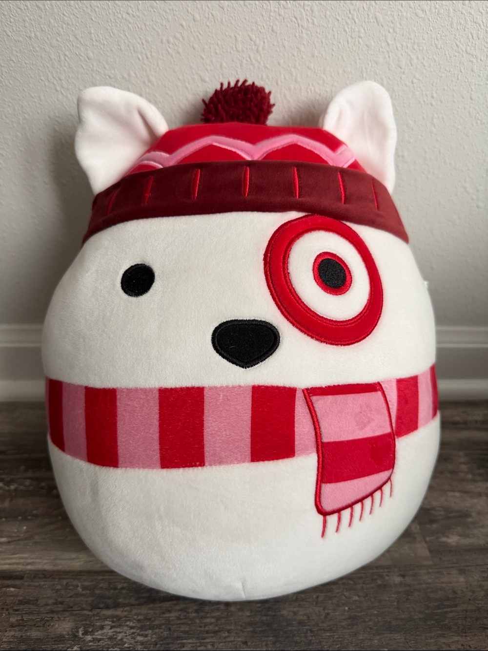 Squishmallows White Plush Target Dog Plush with Red and Pink Hat & Scarf